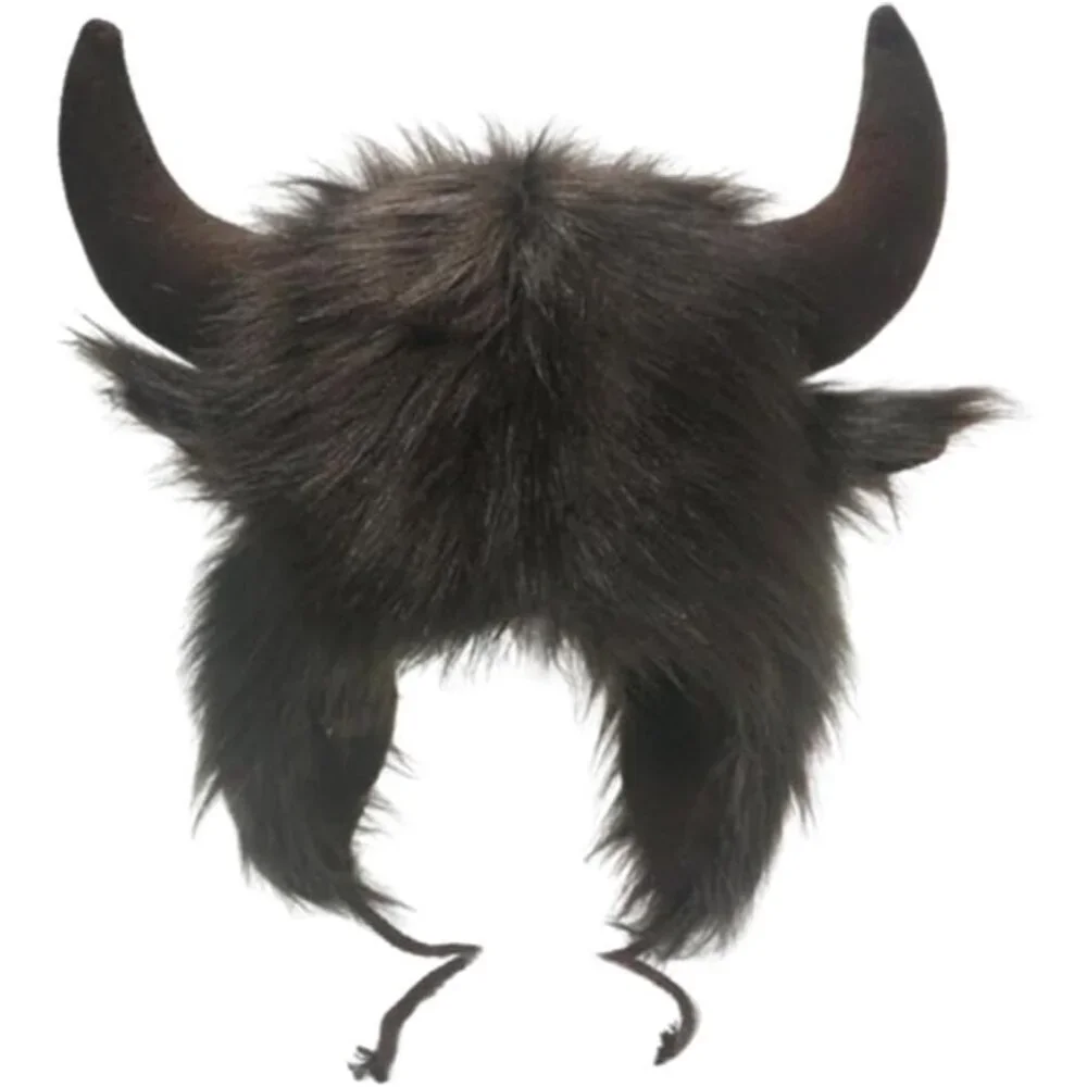 Men coffee Furry Buffalo Horn Winter Hat – Unisex Faux Fur Earflap Trooper Cap